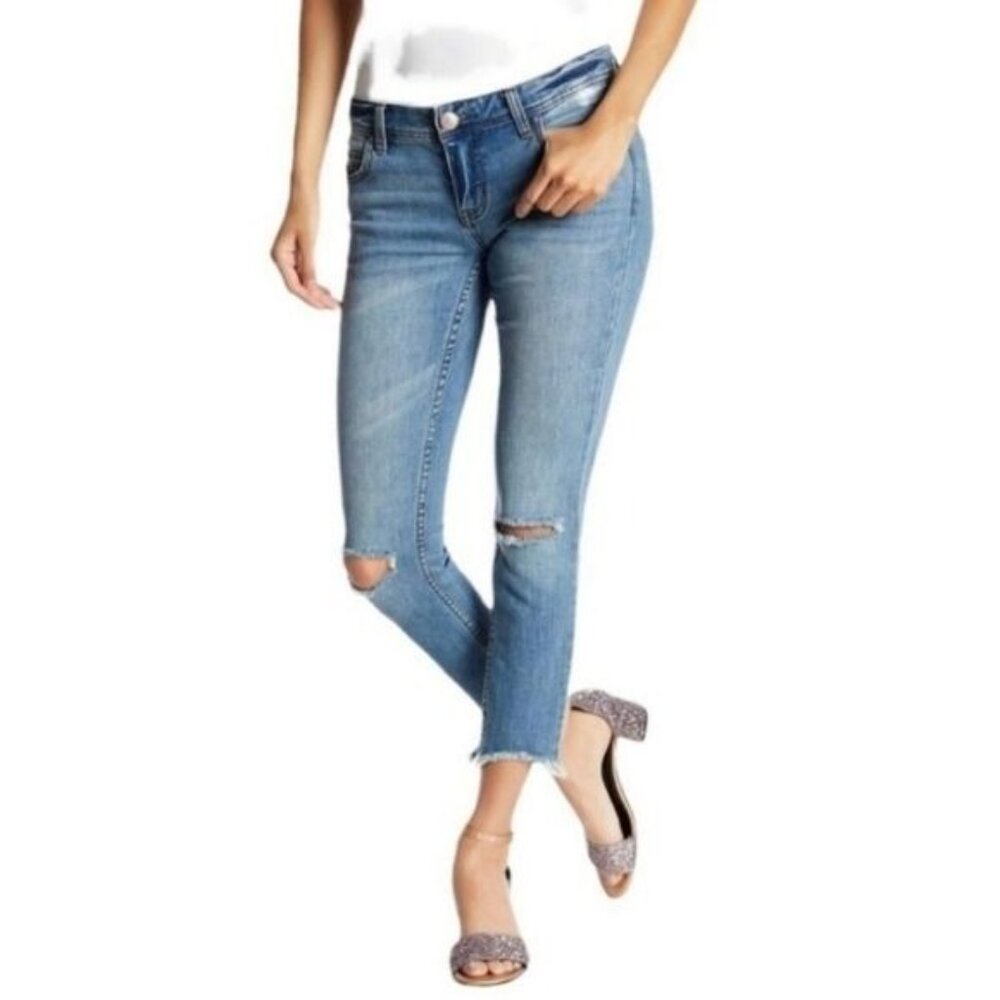 Free People Ripped Cropped Jeans Sz 28 Mid Rise‎ Skinny Stretch Grunge Casual